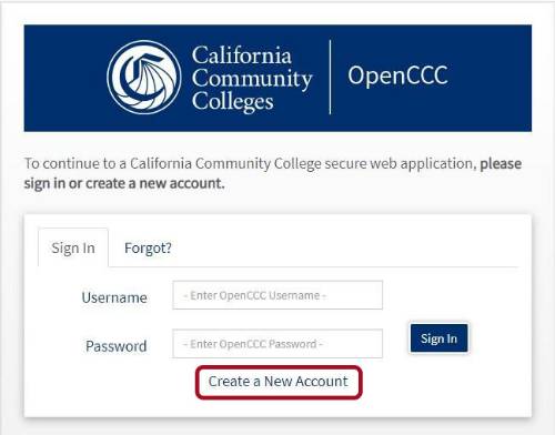 Página web de California Community Colleges. Cuadro rojo resaltado alrededor del enlace para crear una nueva cuenta.