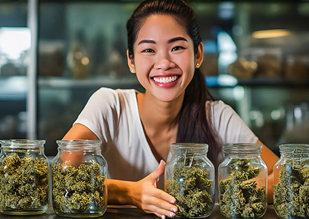 Cannabis technician with jars of bud