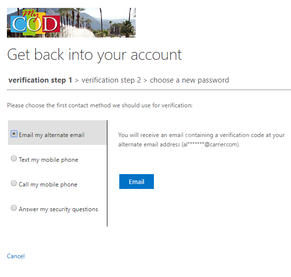 MyCOD Microsoft 365 Email verification option showing partial alternate email address and a button to email the verification code