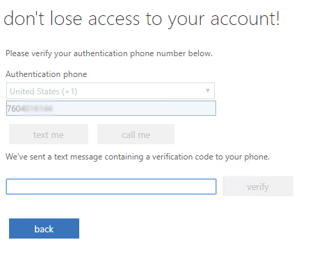 Mobile phone authentication configuration form requesting full mobile phone number and entry of the verification code sent