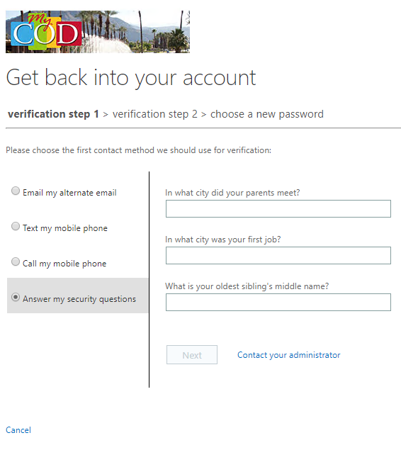 MyCOD Microsoft 365 Security Questions verification option showing three random questions for the user to answer with a next button to continue if all questions were answered correctly