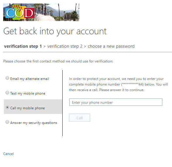 MyCOD Microsoft 365 Call verification option requiring the verification of the mobile number and a button to have system call number with the verification code