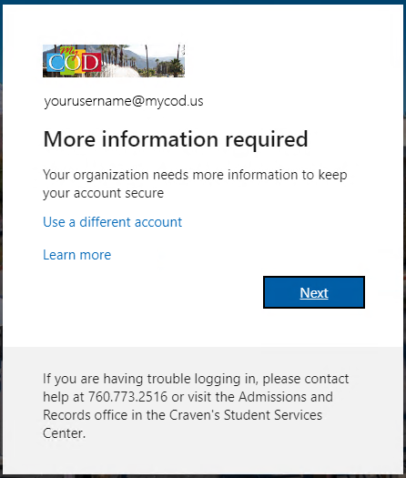 MyCOD Microsoft 365 notification of requirement of more information to secure account 