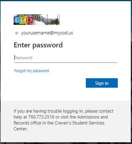 MyCOD Microsoft 365 Password form with Forgot my password link