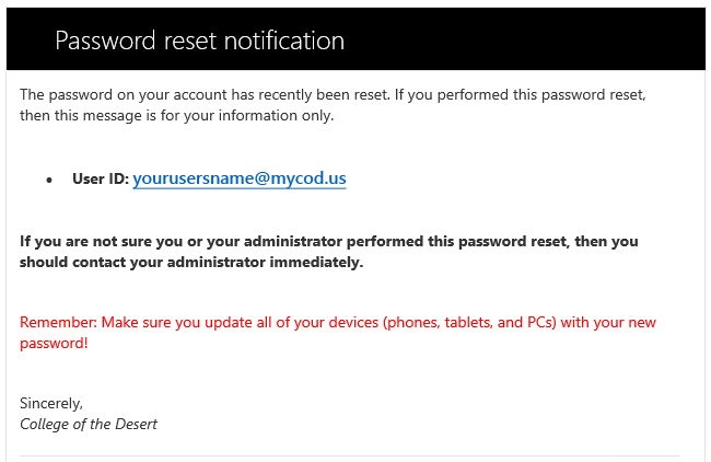 Sample of the email sent to the user once a password reset has occurred.