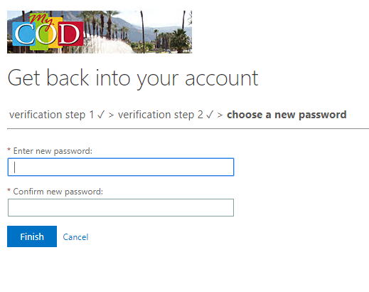 MyCOD Microsoft 365 password reset form asking for a new password and a confirmation of that new password.