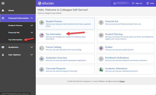 Arrows indicating the Tax information link on the navigation or tile in the home page