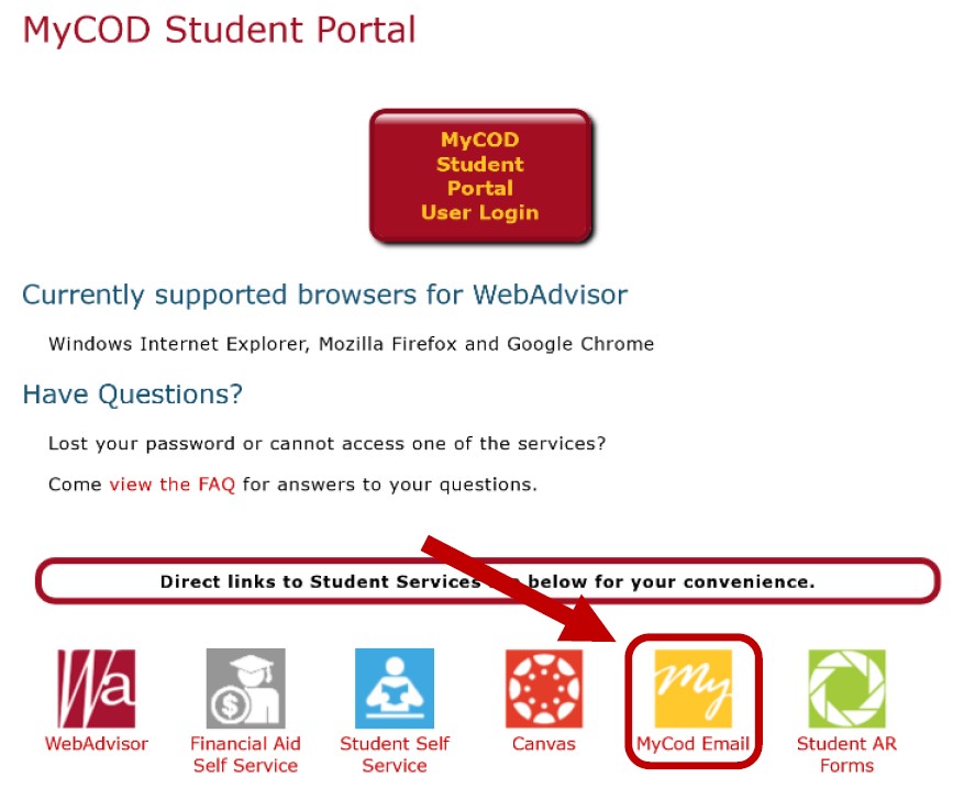 MyCOD Student Portal Webpage. Six direct links listed at the bottom of the page. Red arrow pointing towards MyCOD Email link and logo.
