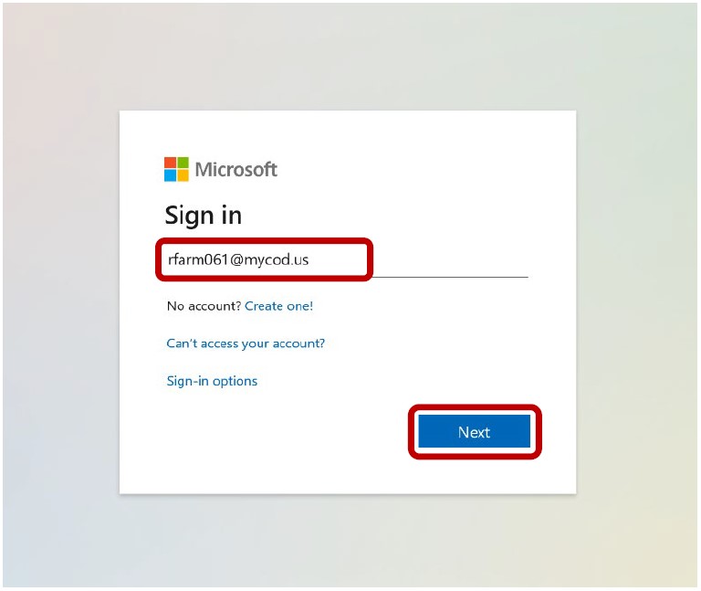 Microsoft Sign In page. Username text entry box. Red arrow pointing towards Next button.