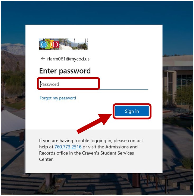 Password text entry box. Red arrow pointing towards Sign In button.