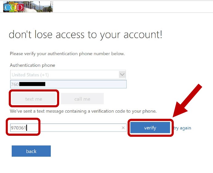 Phone number set up page. Red box highlighting text entry box for phone number, verification code, and verify button. Red arrow pointing towards verify button.