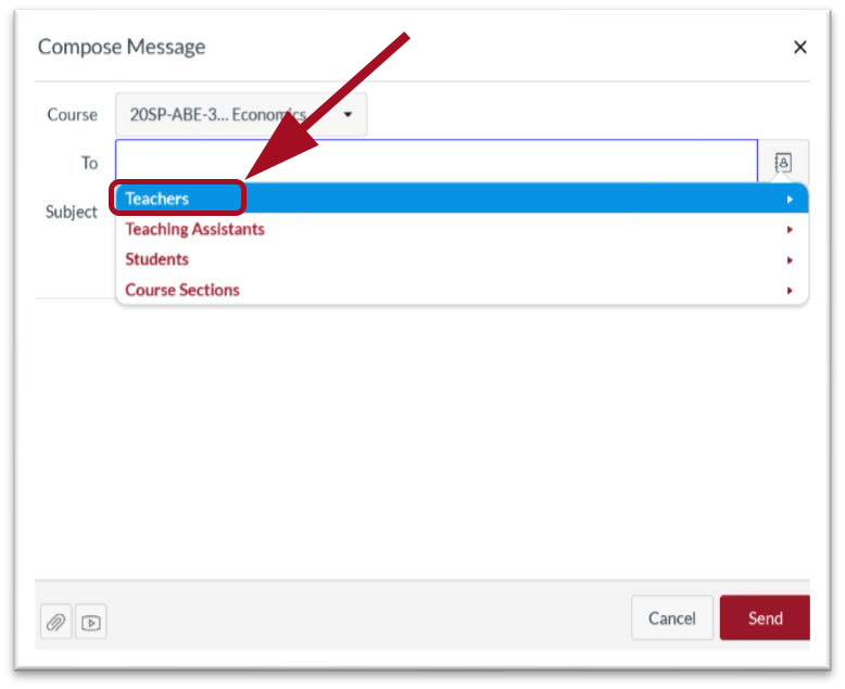 Compose Message screen with drop down menu for Recipient options. Red arrow pointing towards highlighted box for Teacher options.