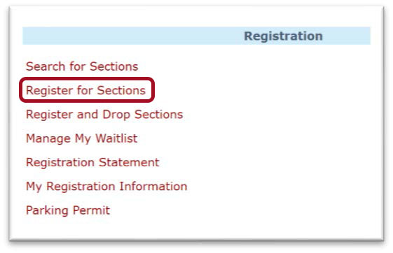 Registration menu section with seven different links below. Red box highlighted around Register for Sections link.