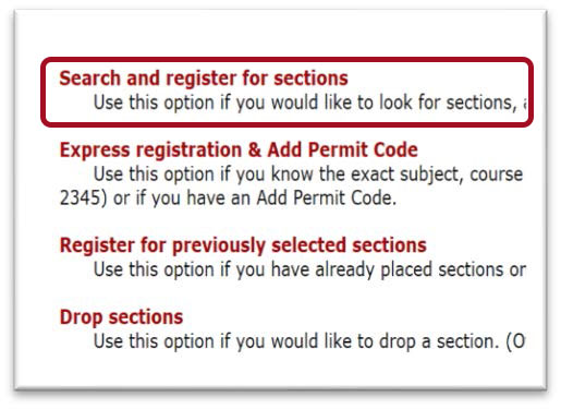 Four different registration option links. Red box highlighted around Search and register for sections.