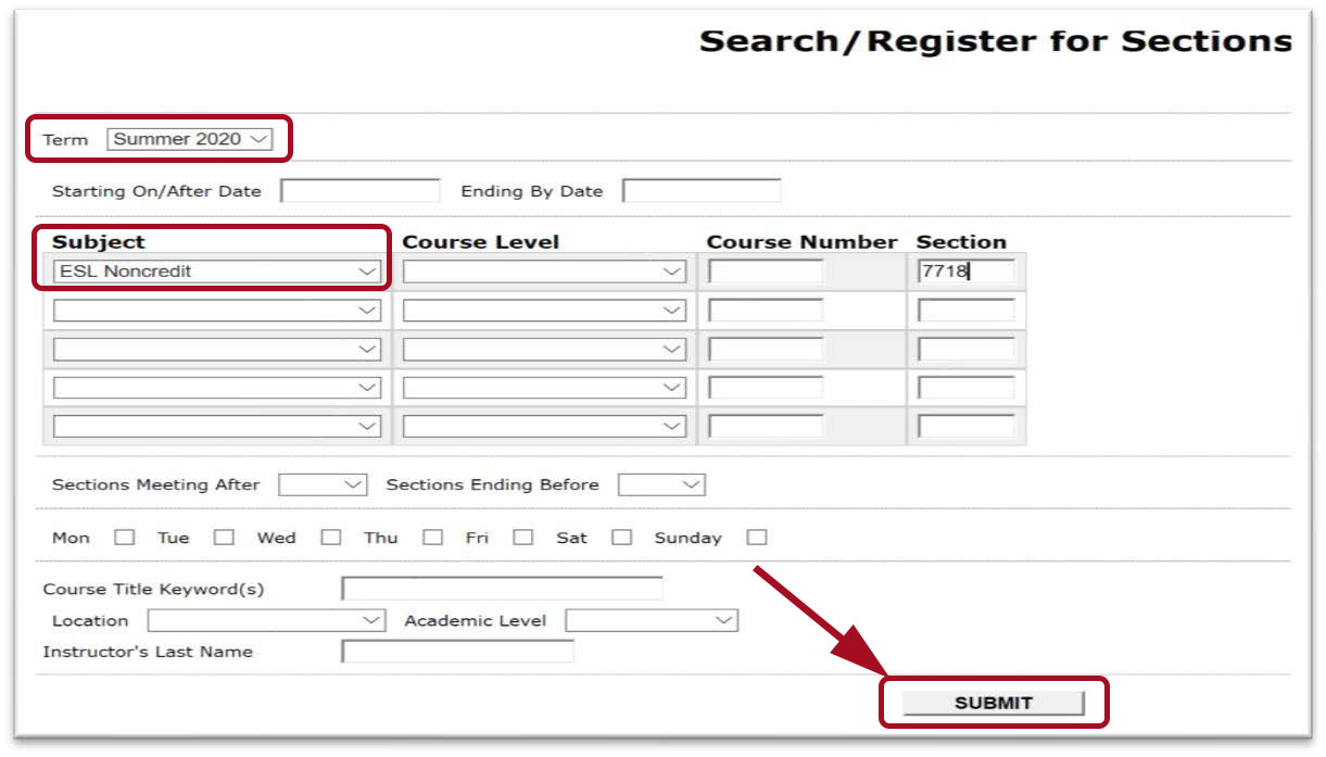 Search/Register for Sections page. Red box highlighted around drop down menus for Term, Subject, and Submit button.