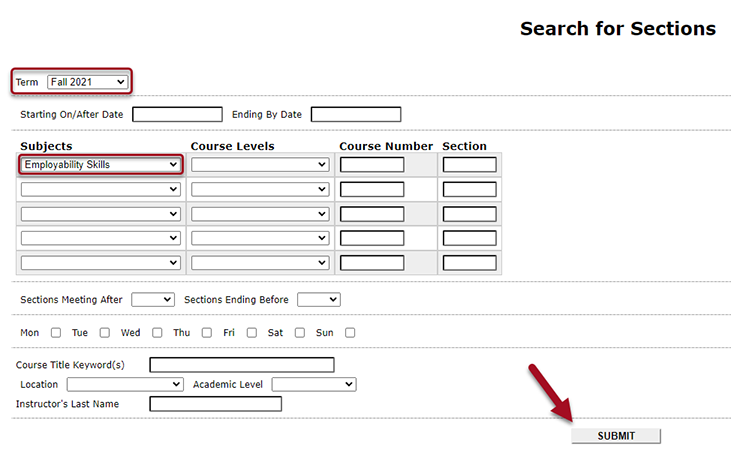 Registration section search form