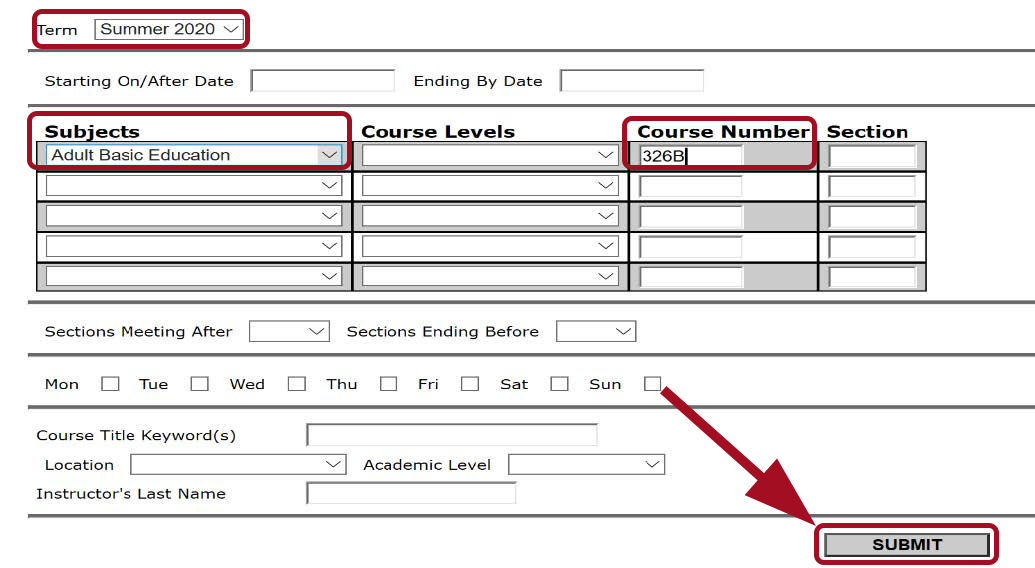 Search/Register for Sections page. Red box highlighted around drop down menu for desired Term and Subject. Another red highlighted box around Course Number text entry and Submit button.