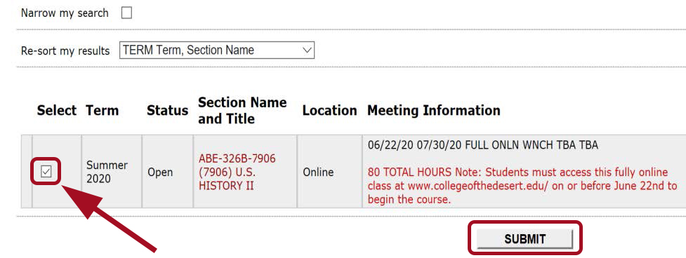 Red box highlighted next to checkbox for desired section. Section information includes term, status, and section name and title.