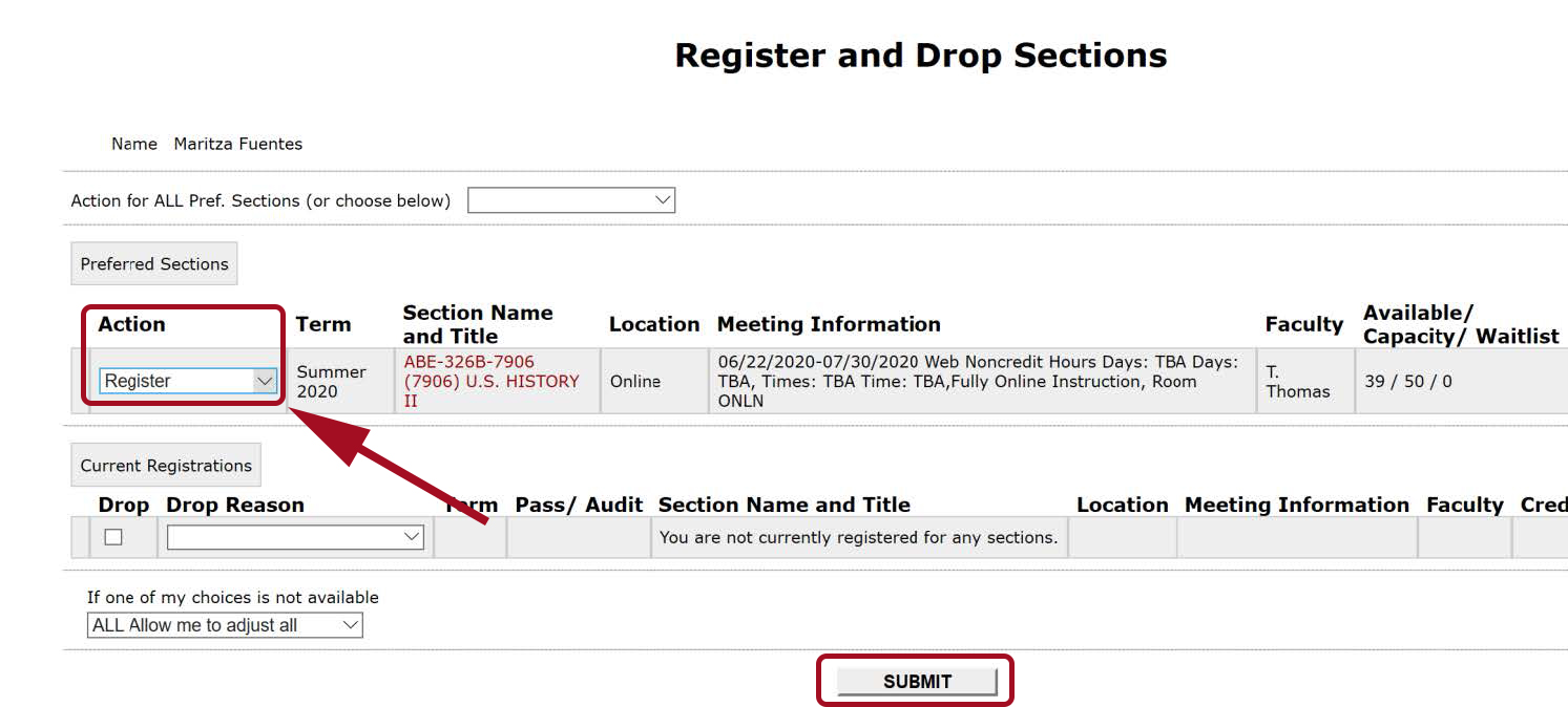 Red box highlighted around action drop down menu with Register option selected. Another red box highlighted around Submit button at bottom of page.