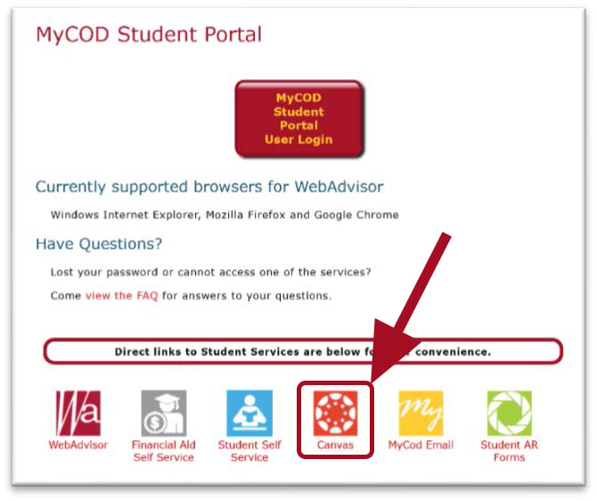MyCOD Student Portal Webpage. Six direct links listed at the bottom of the page. Red arrow pointing towards Canvas link and logo.