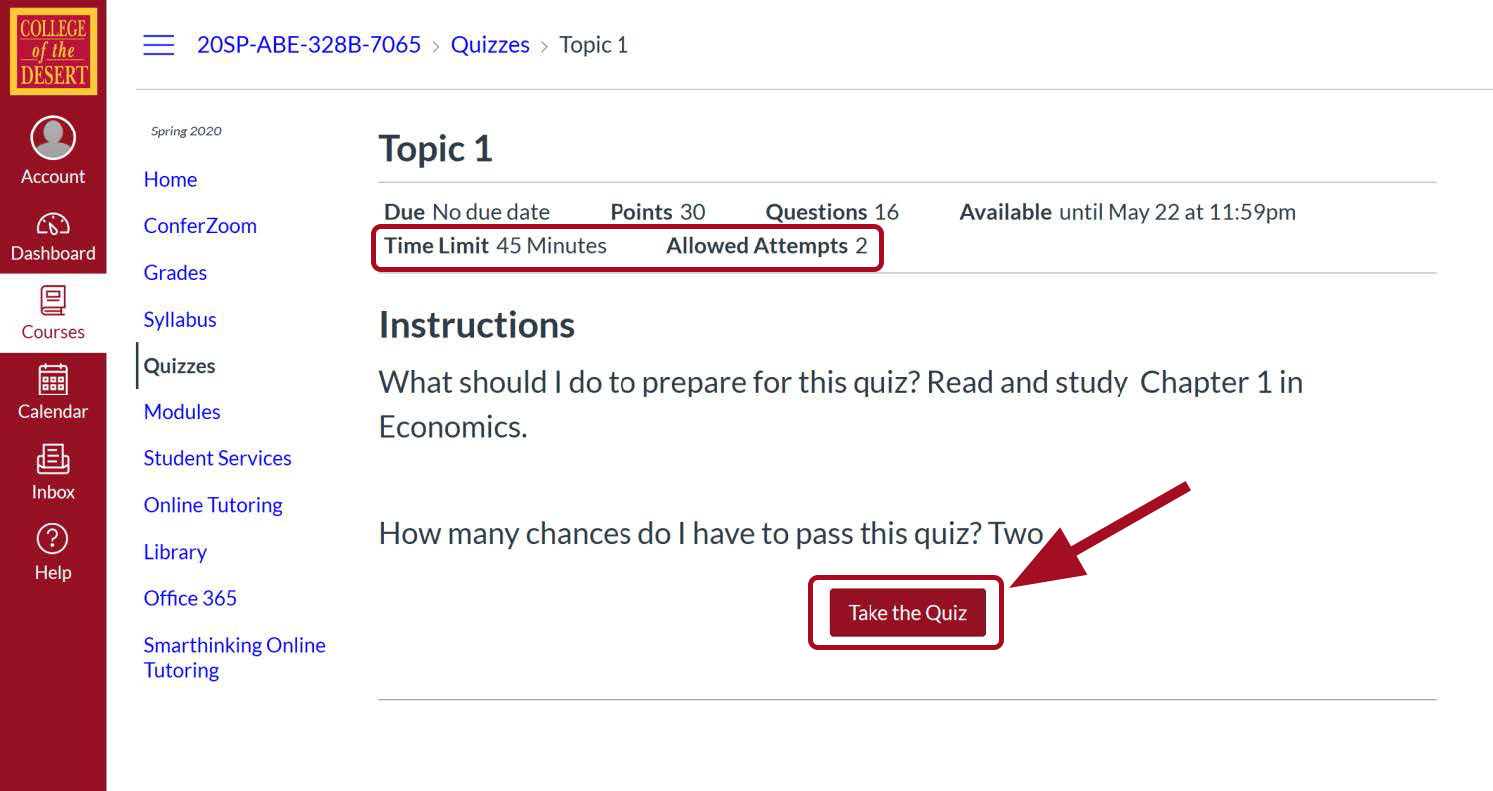 Red highlighted box around time limit and allowed attempts description. Red arrow pointing towards highlighted box for Take this Quiz link.