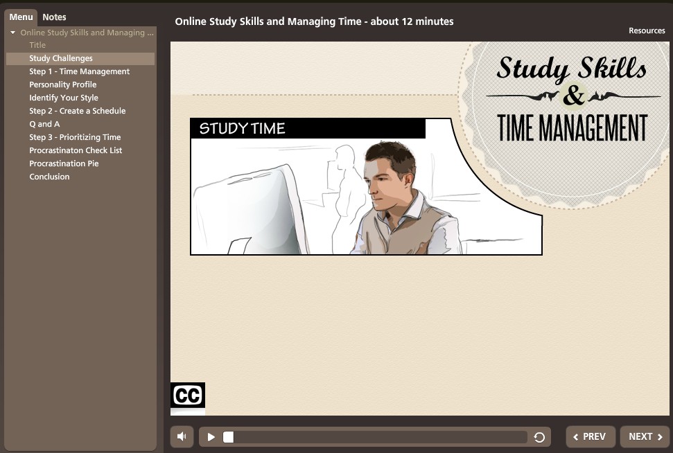 View of the Online Study Skills and Managing Time Module