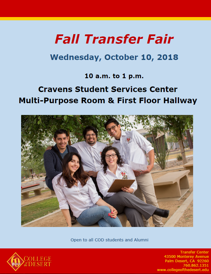 2018 Fall Transfer Fair on Wednesday, October 10, 2018 from 10am to 1pm in the CSSC Multipurpose Room